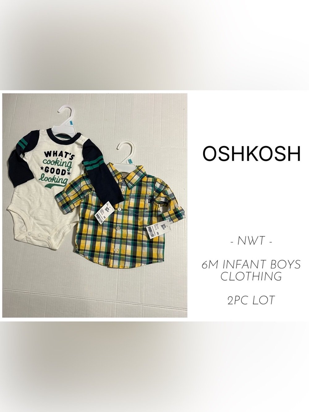 OSHKOSH - 6M - NWT - INFANT BOYS 2PC ONESIE AND PLAID SHIRT LOT